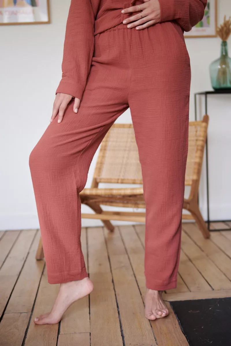 PANTALON DE PYJAMA FEMME EN GAZE DE COTON BIO Rouille 1