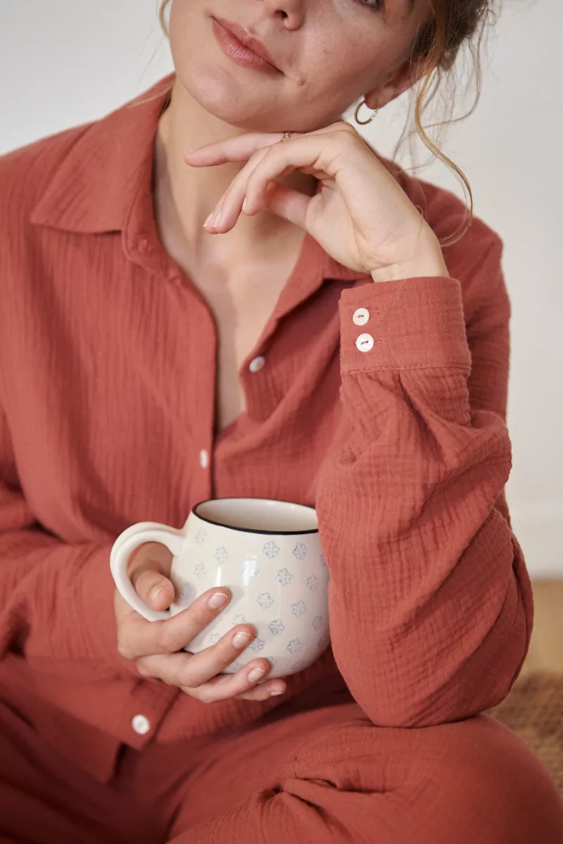 CHEMISE DE PYJAMA FEMME EN GAZE DE COTON BIO ROUGE 1