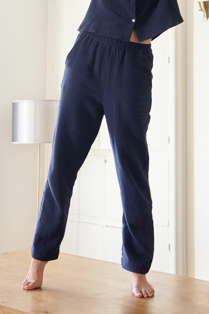 PANTALON DE PYJAMA FEMME EN GAZE DE COTON BIO BLEU