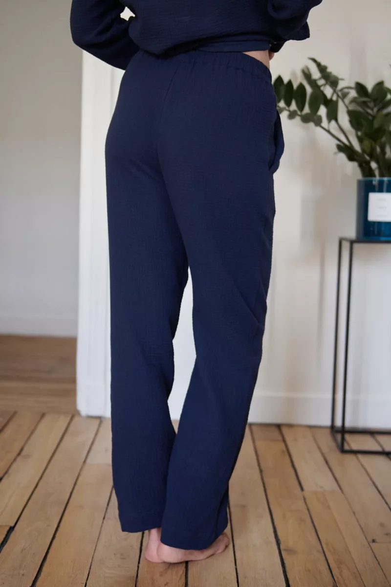 PANTALON DE PYJAMA FEMME EN GAZE DE COTON BIO BLEU 4