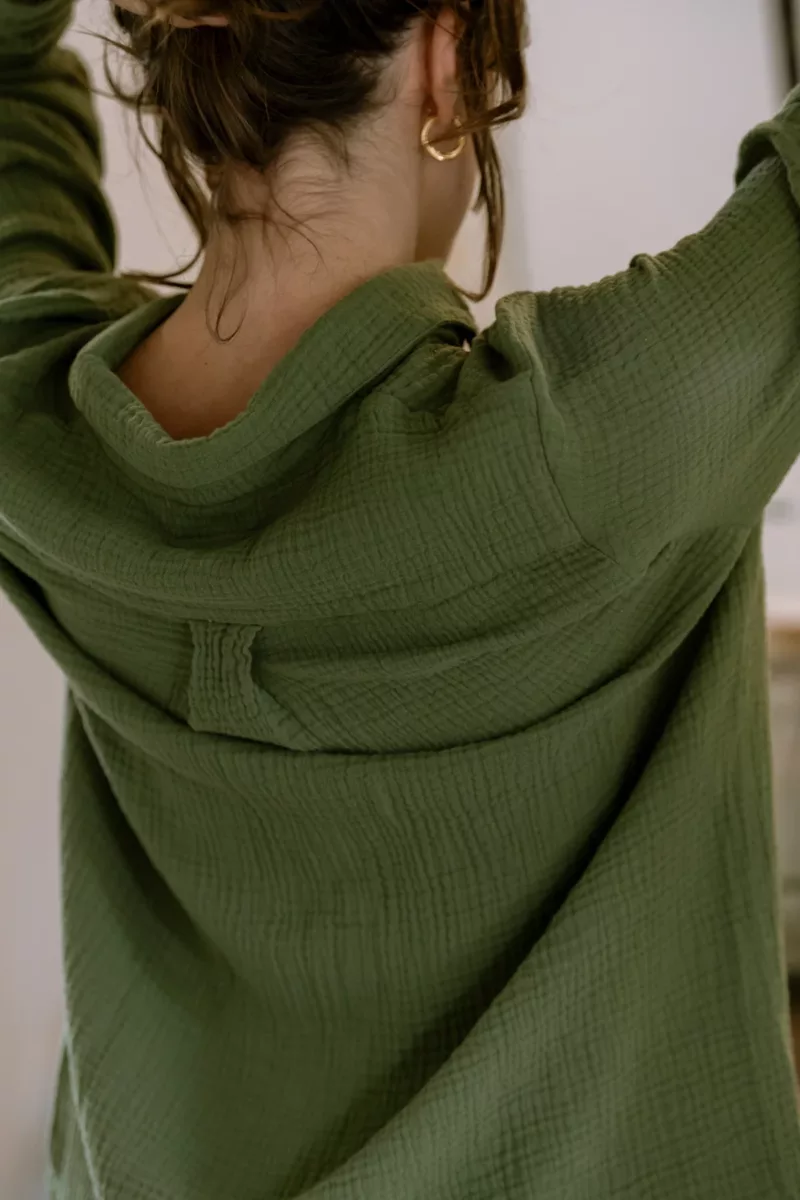 CHEMISE DE PYJAMA FEMME EN GAZE DE COTON BIO VERT OLIVE