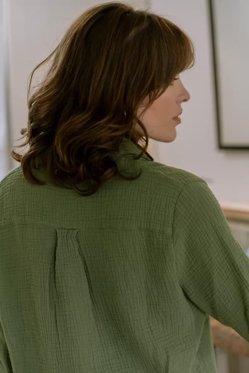 CHEMISE DE PYJAMA FEMME EN GAZE DE COTON BIO VERT OLIVE
