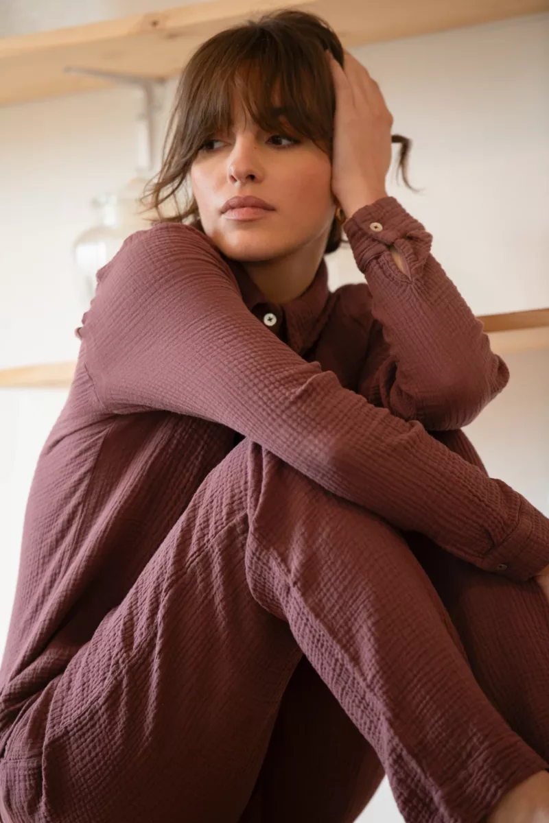 ENSEMBLE DE PYJAMA FEMME EN GAZE DE COTON BIO BORDEAUX