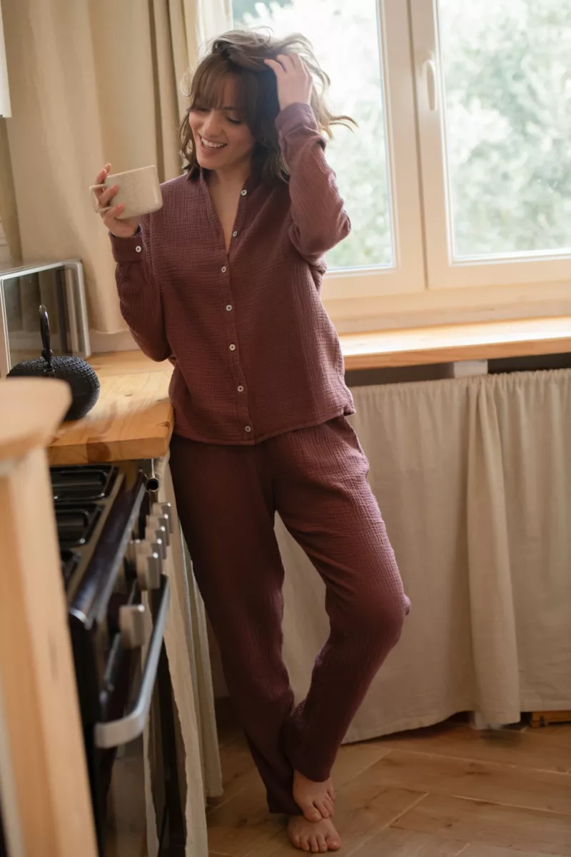 ENSEMBLE DE PYJAMA FEMME EN GAZE DE COTON BIO BORDEAUX
