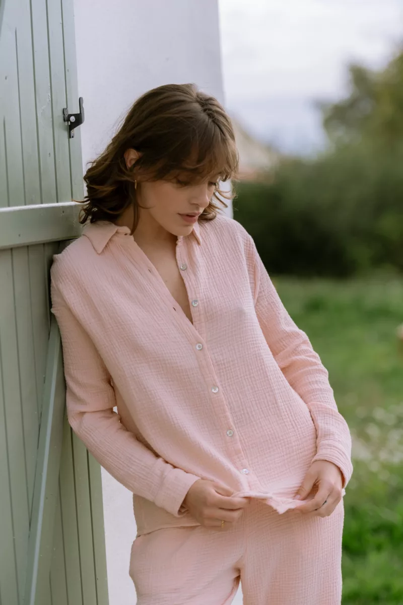 ENSEMBLE DE PYJAMA FEMME EN GAZE DE COTON BIO ROSE POUDRE