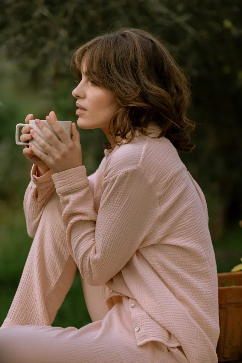 ENSEMBLE DE PYJAMA FEMME EN GAZE DE COTON BIO ROSE POUDRE