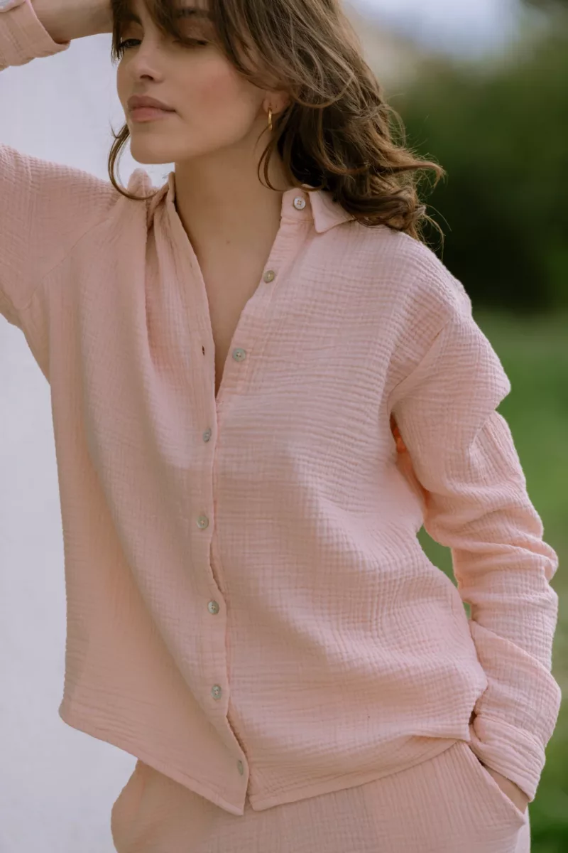 ENSEMBLE DE PYJAMA FEMME EN GAZE DE COTON BIO ROSE POUDRE