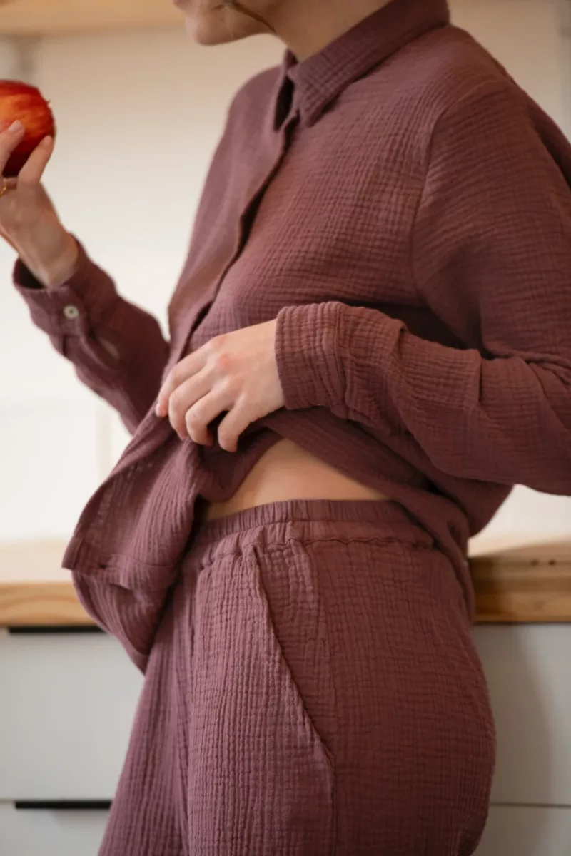 PANTALON DE PYJAMA FEMME EN GAZE DE COTON BIO BORDEAUX