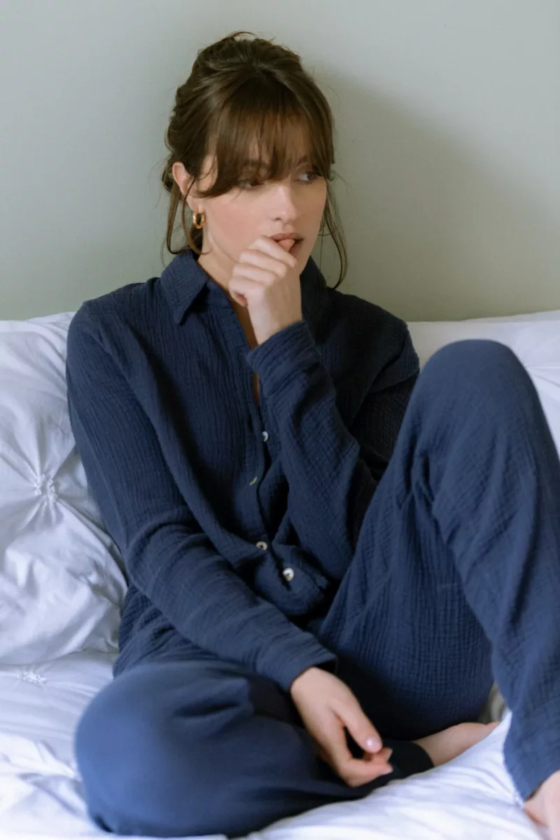 PANTALON DE PYJAMA FEMME EN GAZE DE COTON BIO BLEU MARINE