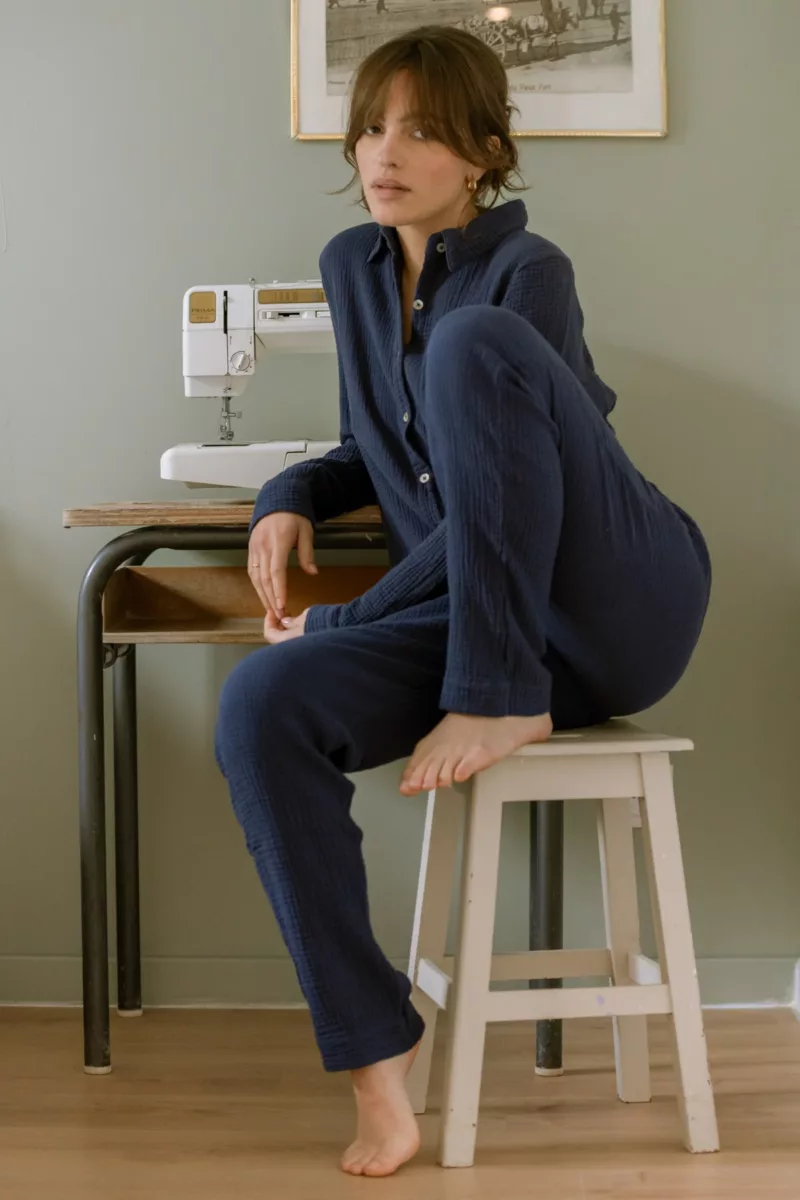 PANTALON DE PYJAMA FEMME EN GAZE DE COTON BIO BLEU MARINE