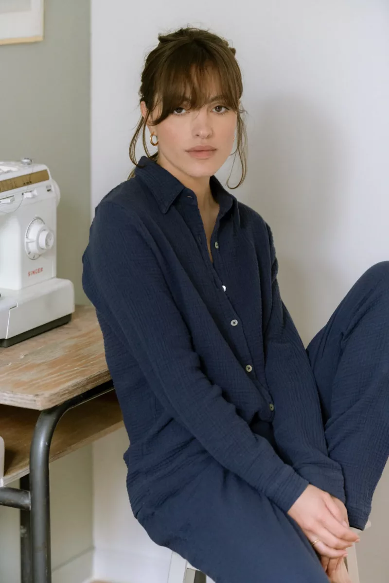 PANTALON DE PYJAMA FEMME EN GAZE DE COTON BIO BLEU MARINE