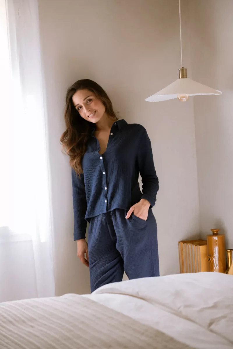PANTALON DE PYJAMA FEMME EN GAZE DE COTON BIO BLEU MARINE