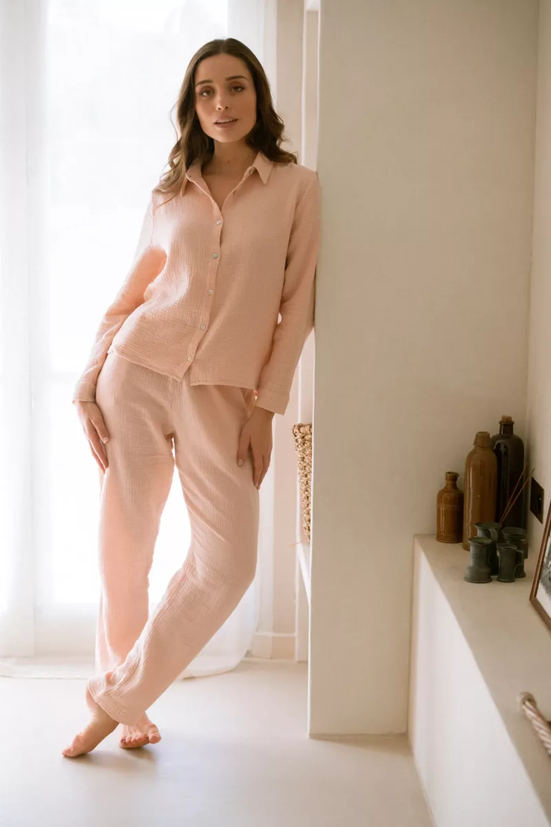 PANTALON DE PYJAMA FEMME EN GAZE DE COTON BIO ROSE POUDRE