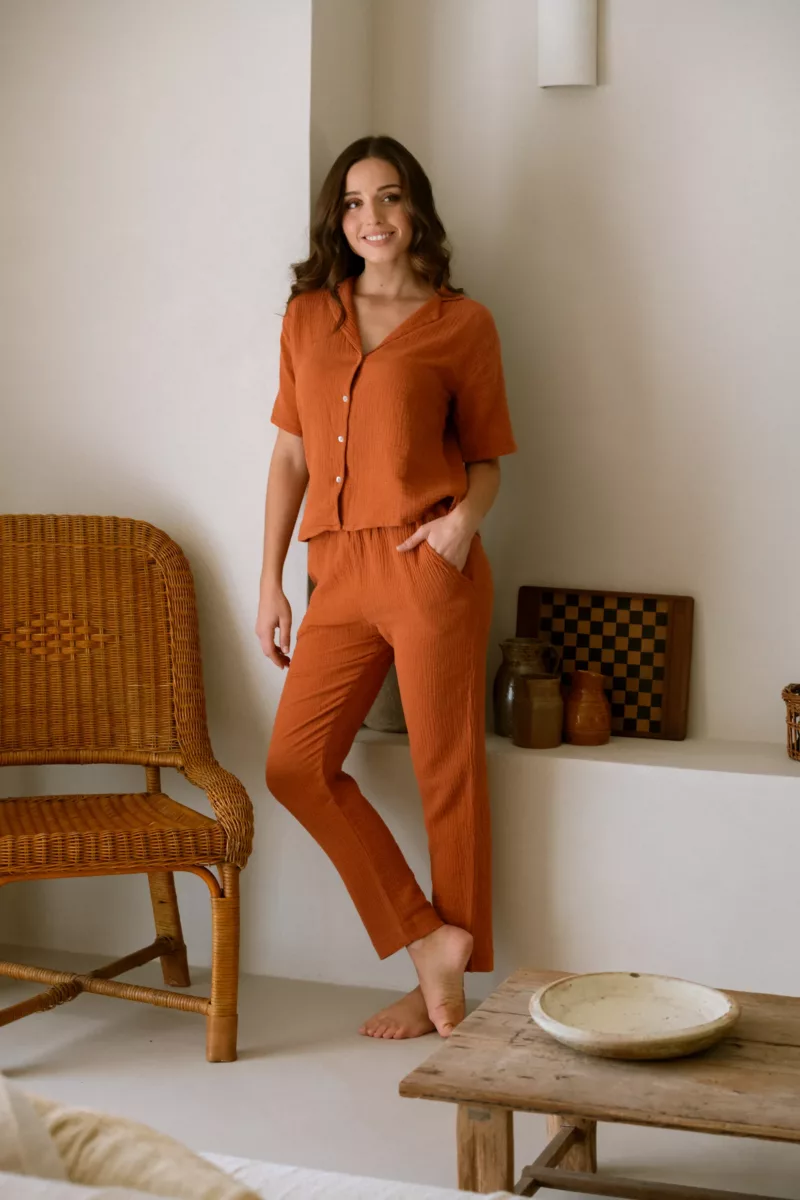 PANTALON DE PYJAMA FEMME EN GAZE DE COTON BIO Terracotta