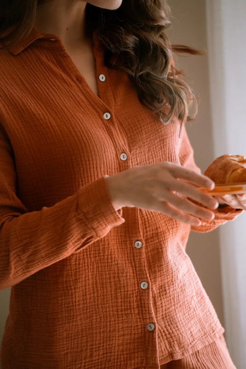 CHEMISE DE PYJAMA FEMME EN GAZE DE COTON BIO TERRACOTTA