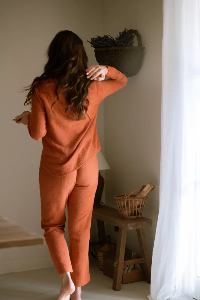 PANTALON DE PYJAMA FEMME EN GAZE DE COTON BIO Terracotta