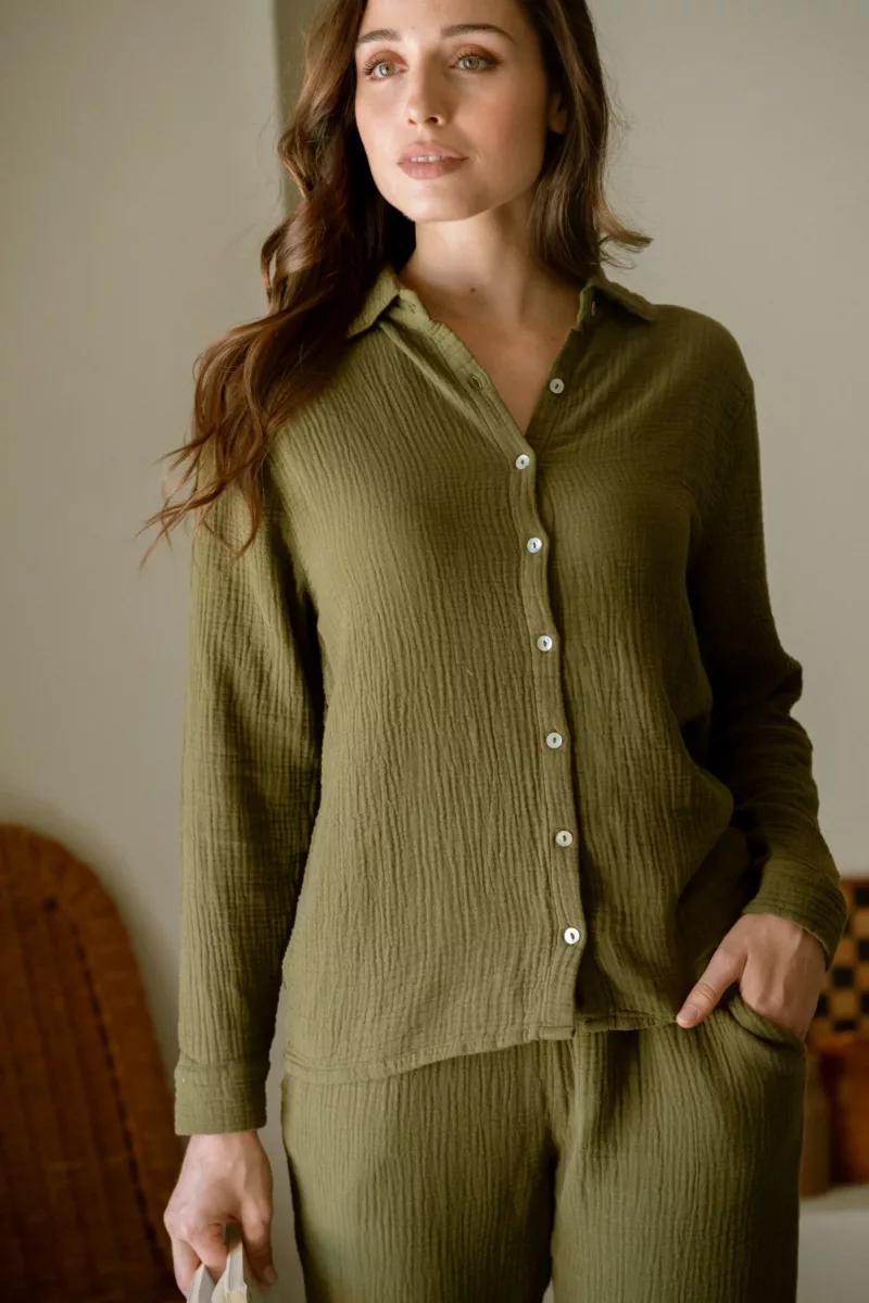 CHEMISE DE PYJAMA FEMME EN GAZE DE COTON BIO KAKI