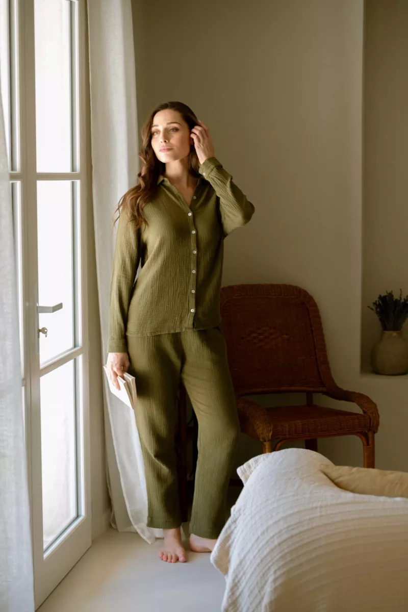 PANTALON DE PYJAMA FEMME EN GAZE DE COTON BIO KAKI