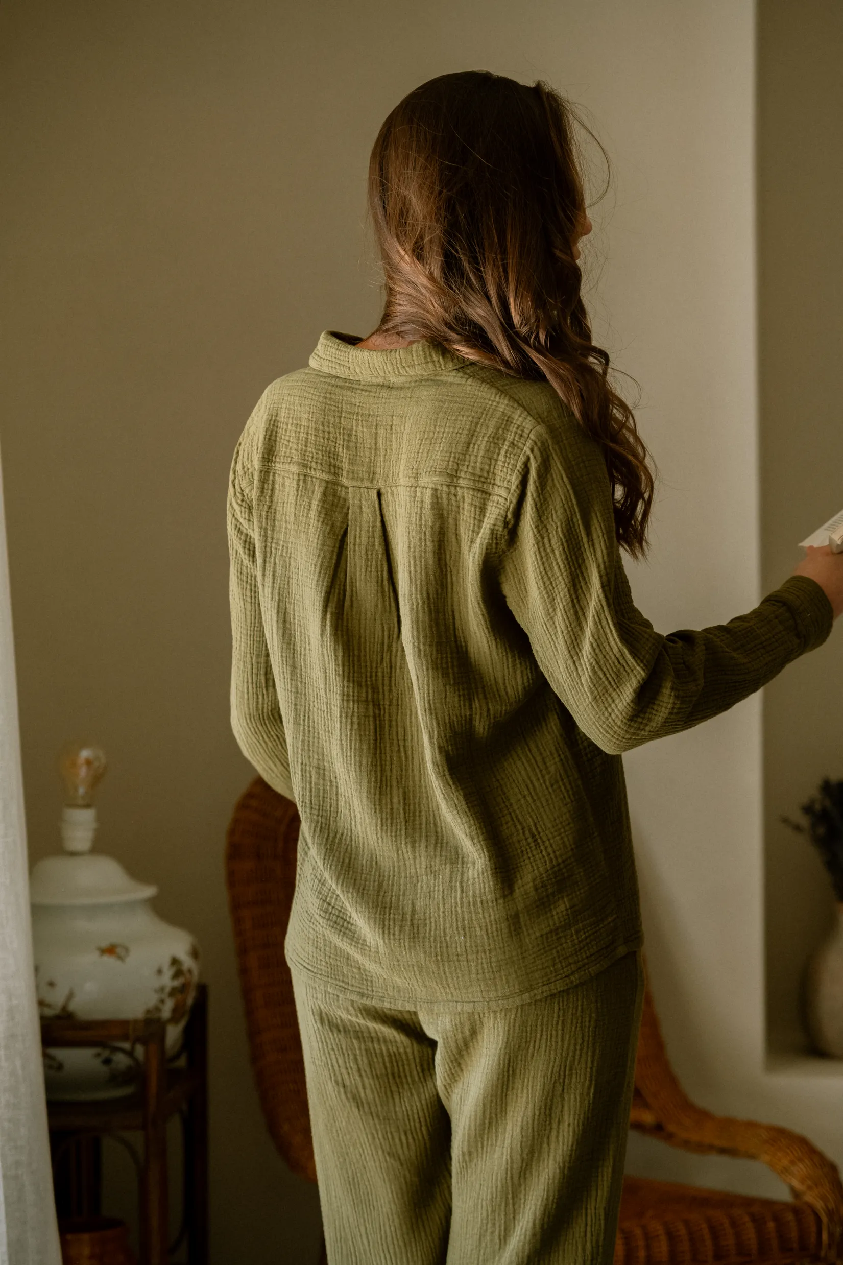 PANTALON DE PYJAMA FEMME EN GAZE DE COTON BIO KAKI